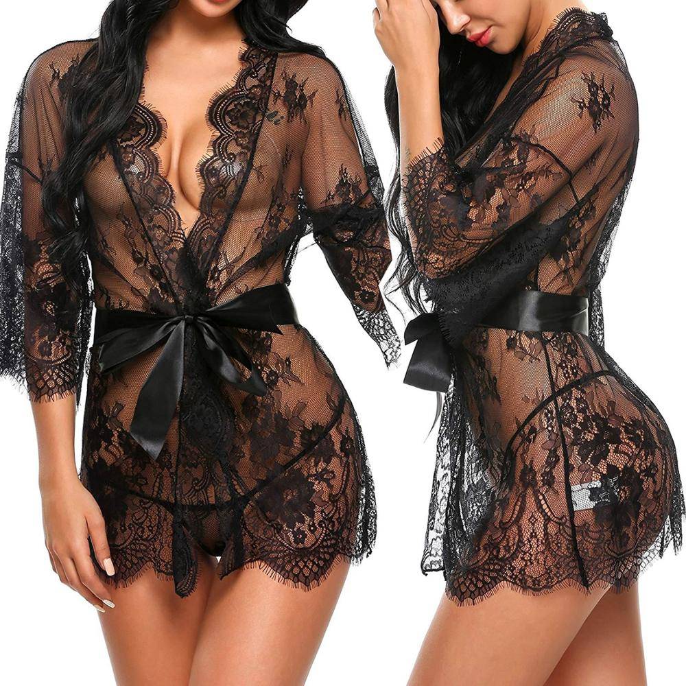 Women’s Sexy Mesh Robe and G-Strings Set Adult Products cb5feb1b7314637725a2e7: Black|Red|White