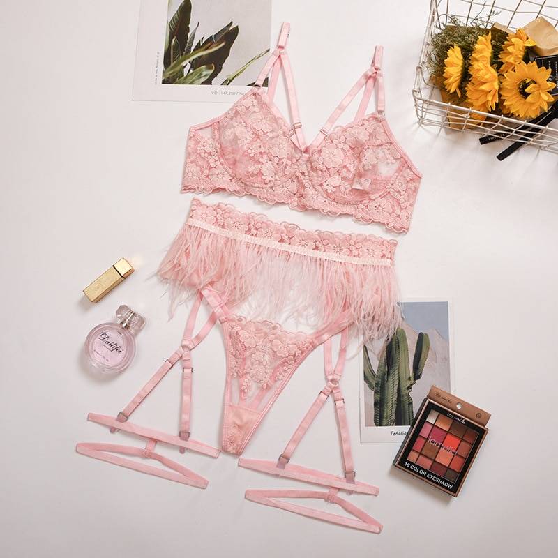 Feather Mesh Lingerie Set for Women Adult Products cb5feb1b7314637725a2e7: Black|Pink