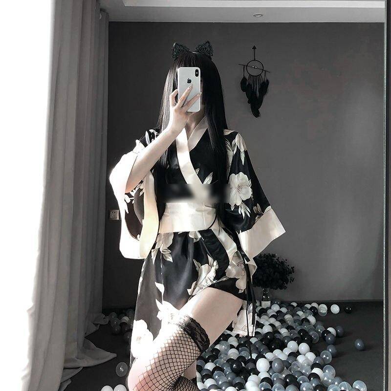 Sakura Kimono Robe for Women Adult Products cb5feb1b7314637725a2e7: Black / not Stocking|Black with Stocking|White / not Stocking|White with Stocking