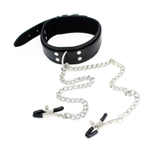 Multifunctional Restrictive Leather BDSM Collar with Nipple Clamps