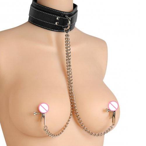 Multifunctional Restrictive Leather BDSM Collar with Nipple Clamps Adult Products Function: Sex Slave Collar