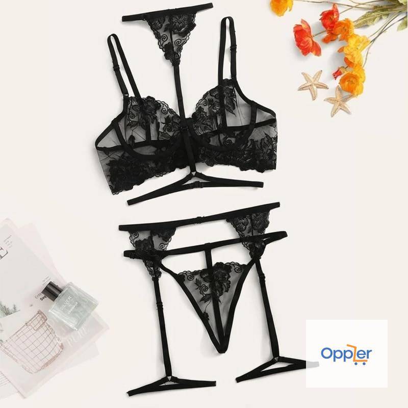 Women’s Lingerie Set in Floral Lace Adult Products cb5feb1b7314637725a2e7: Black