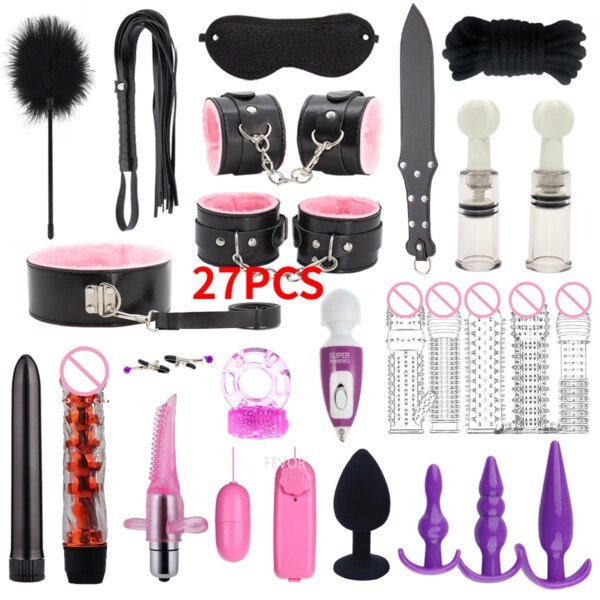 New 27-piece Adult Set Sex Toy Crystal Mace Set Leather Paddle Binding Handcuffs Multiple Anal Plug Accessories Bondage Gear cb5feb1b7314637725a2e7: Black|Pink|Red|Violet