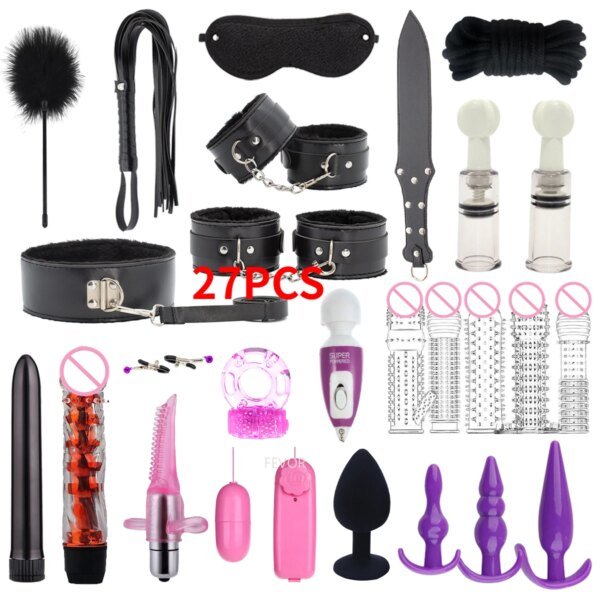 New 27-piece Adult Set Sex Toy Crystal Mace Set Leather Paddle Binding Handcuffs Multiple Anal Plug Accessories Bondage Gear cb5feb1b7314637725a2e7: Black|Pink|Red|Violet